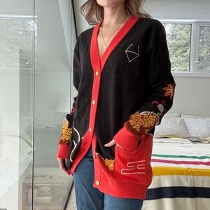 100% cotton embroidered  charcoal and Red playful Cardigan